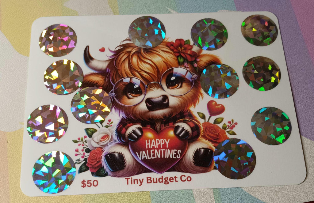 Highland Cow Glasses Valentine's Scratch Off Saving Challenge Valentine Low income