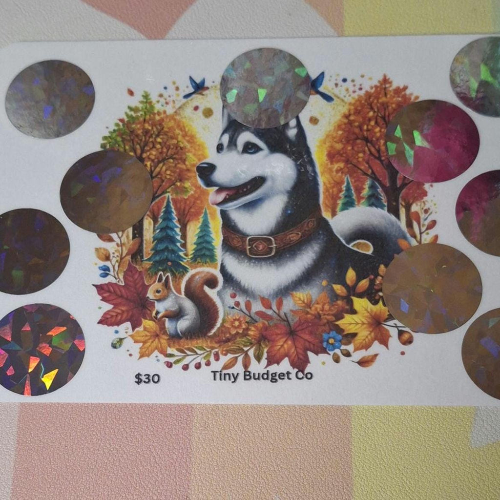 Husky Dog Autumn Scratch-Off Savings Challenge | Budgeting Tool