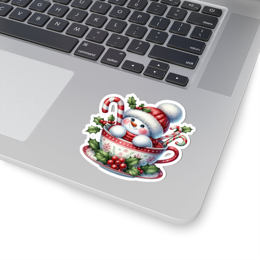Festive Snowman in a Cup Christmas Sticker — Kiss-Cut Holiday Decal