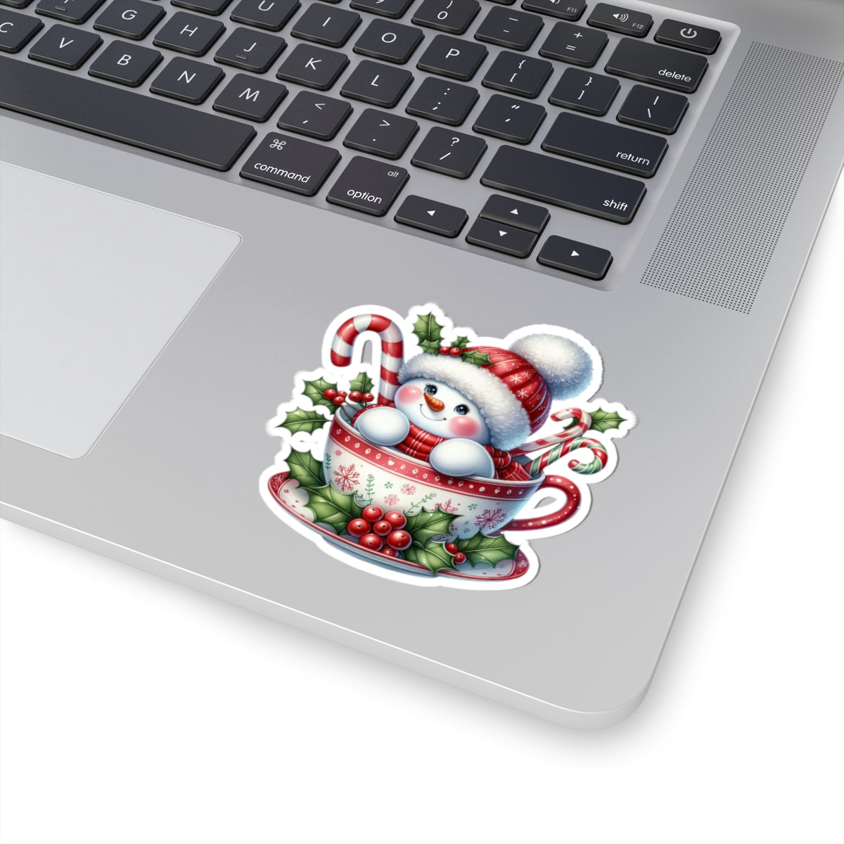 Festive Snowman in a Cup Christmas Sticker — Kiss-Cut Holiday Decal