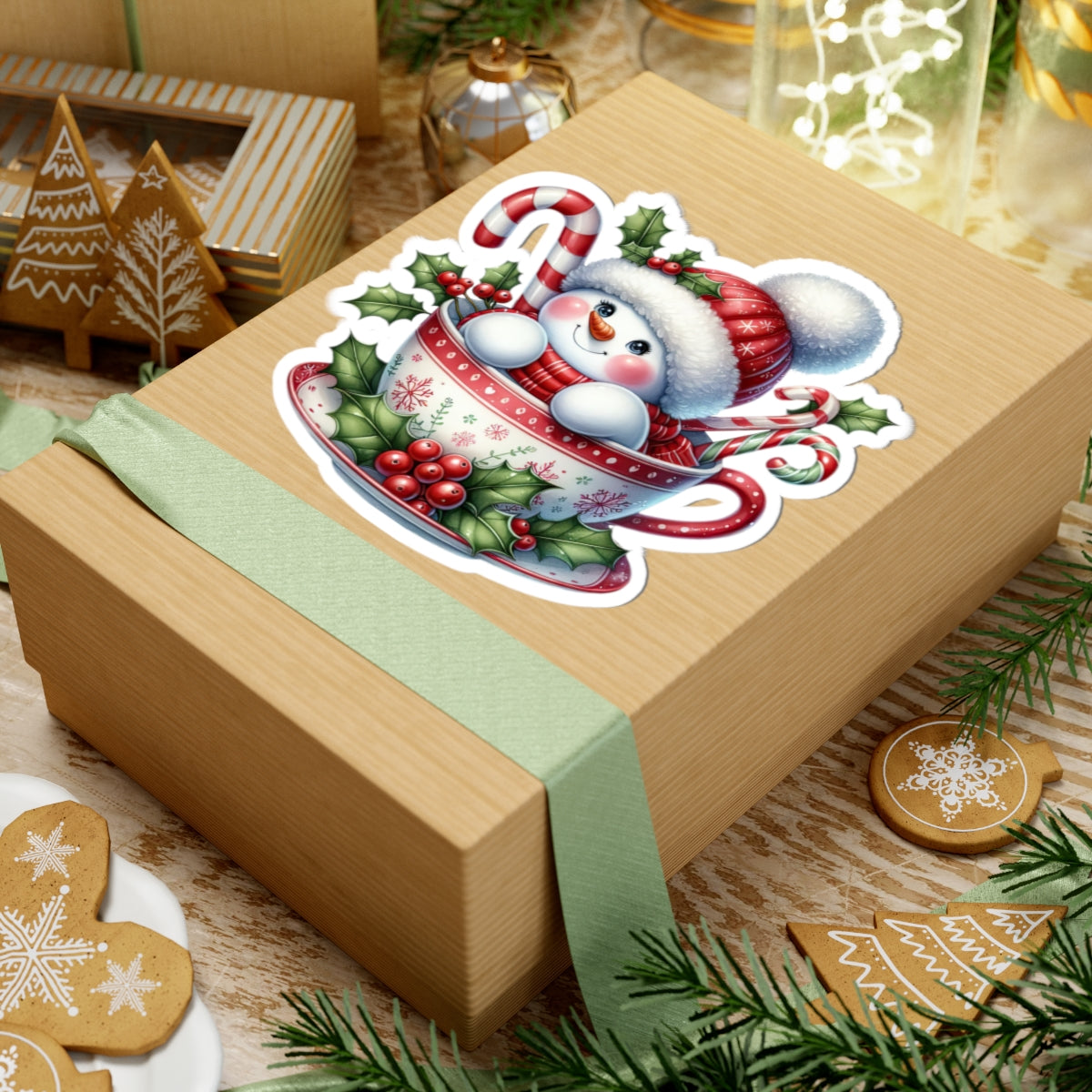 Festive Snowman in a Cup Christmas Sticker — Kiss-Cut Holiday Decal