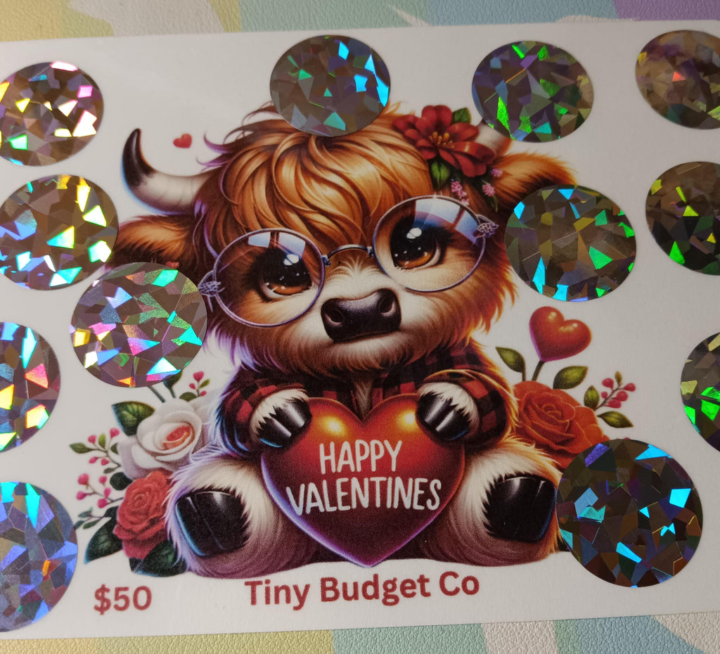 Highland Cow Glasses Valentine's Scratch Off Saving Challenge Valentine Low income