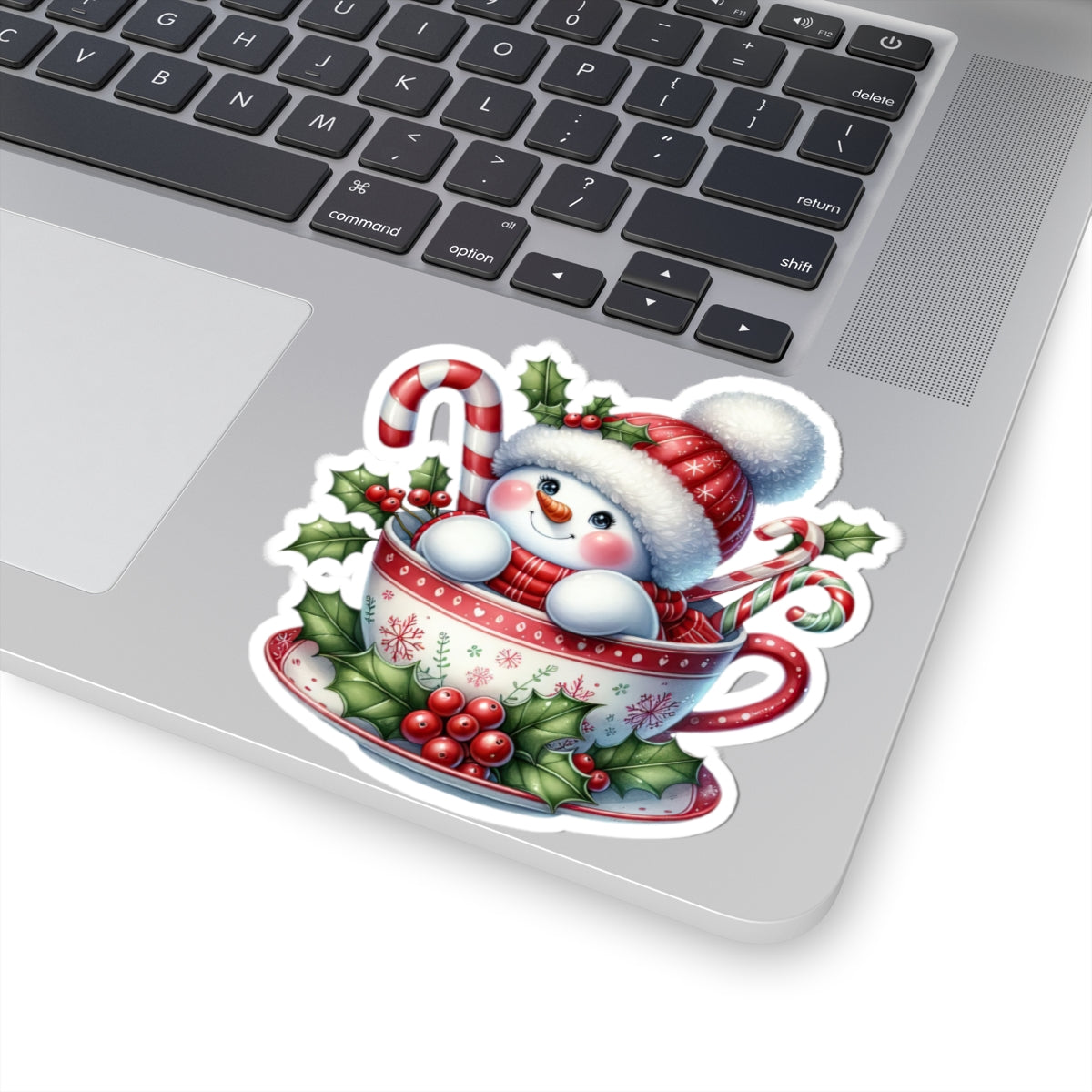Festive Snowman in a Cup Christmas Sticker — Kiss-Cut Holiday Decal