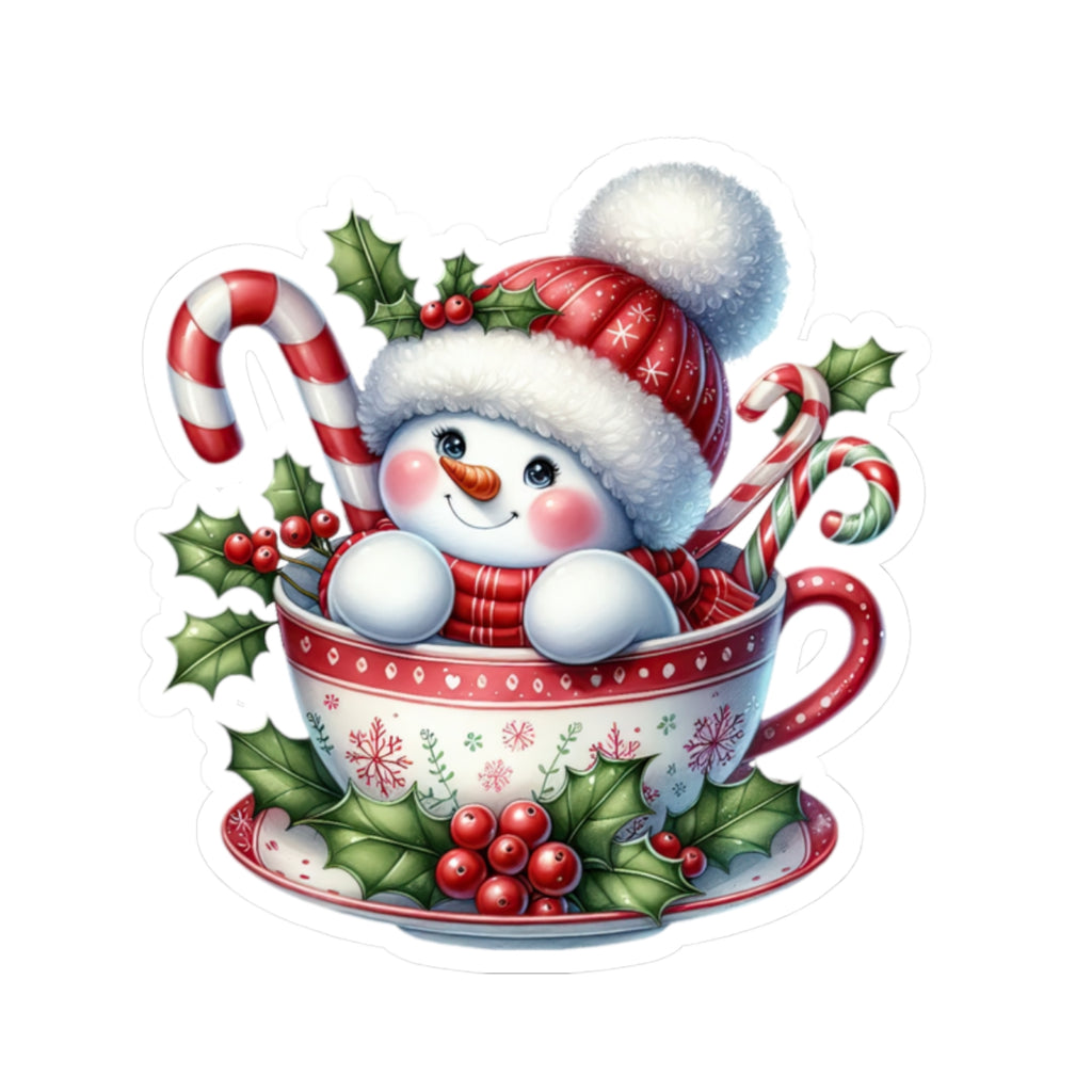 Festive Snowman in a Cup Christmas Sticker — Kiss-Cut Holiday Decal