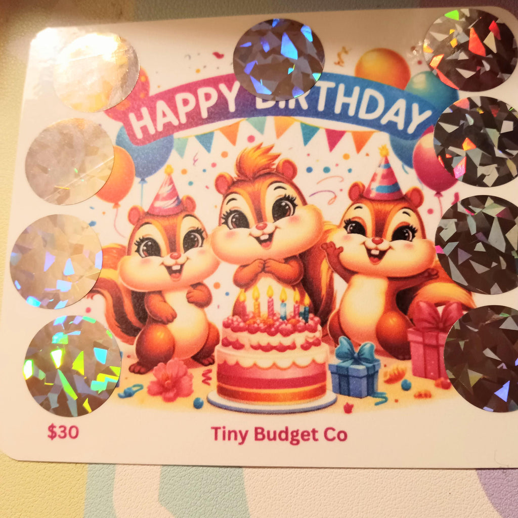 Squirrel Happy Birthday Scratch Off Saving Challenge for Low Income