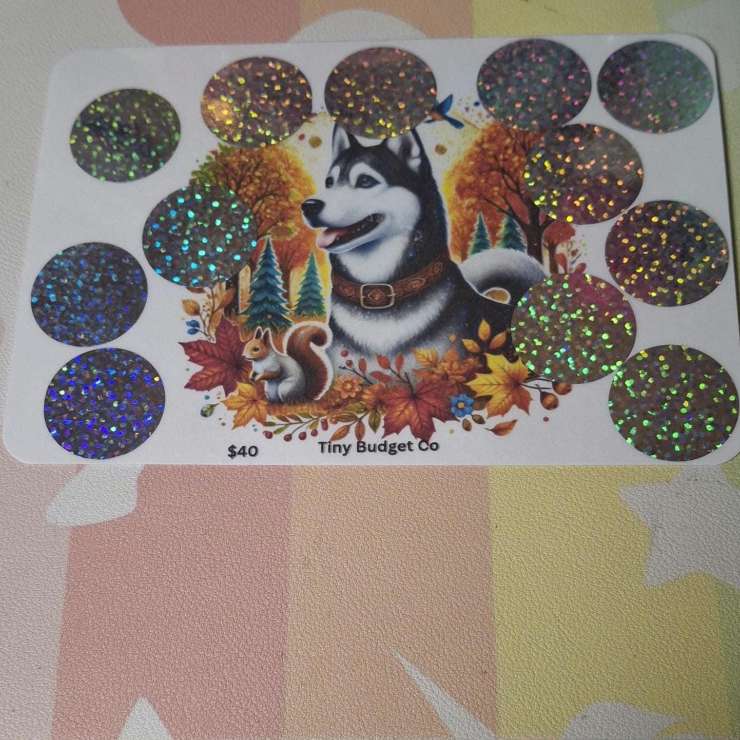 Husky Dog Autumn Scratch-Off Savings Challenge | Budgeting Tool