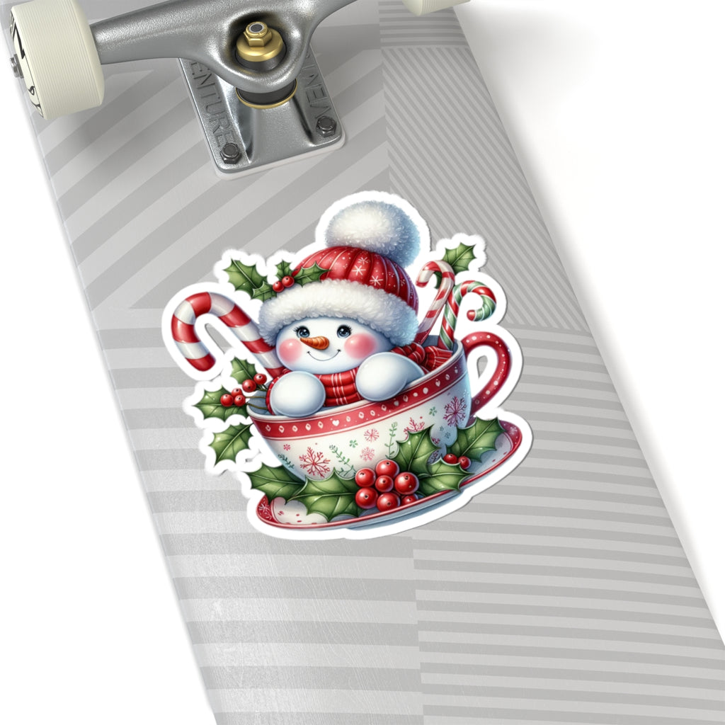 Festive Snowman in a Cup Christmas Sticker — Kiss-Cut Holiday Decal