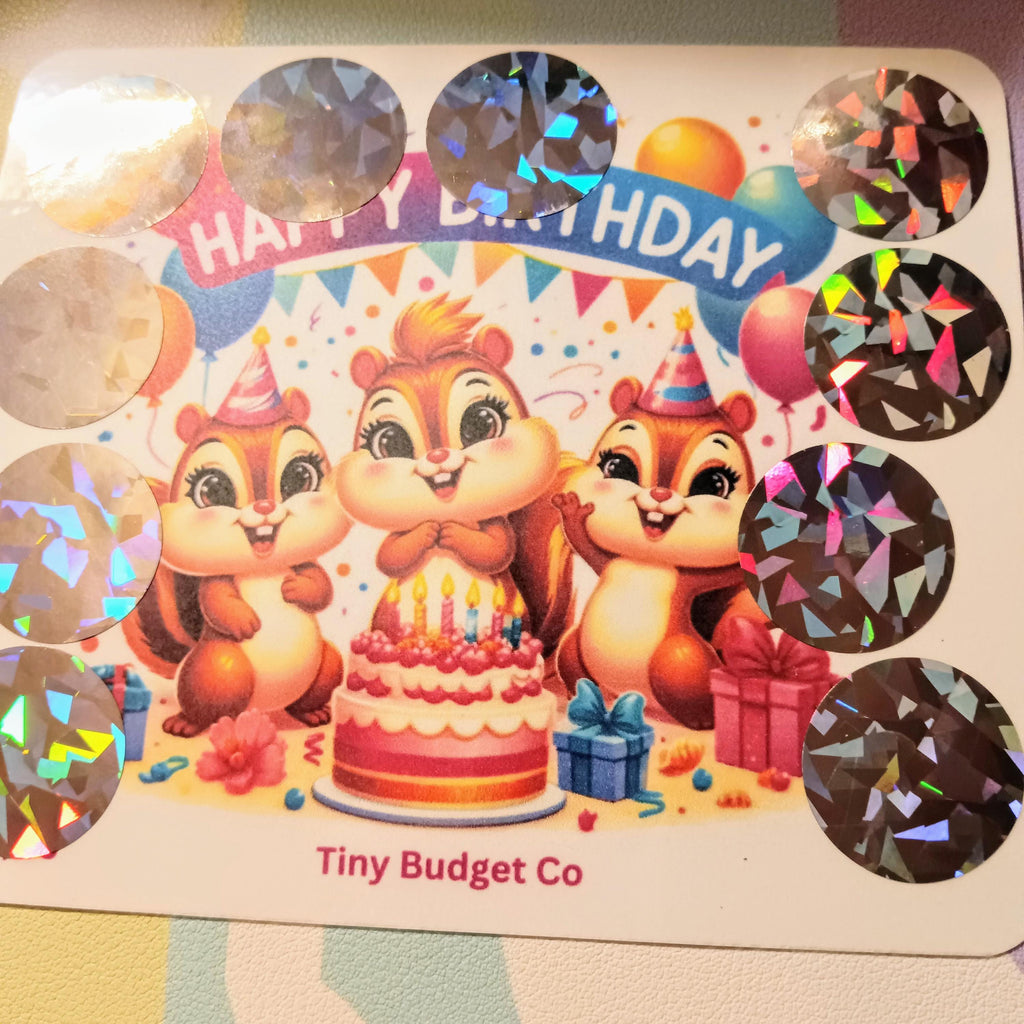 Squirrel Happy Birthday Scratch Off Saving Challenge for Low Income