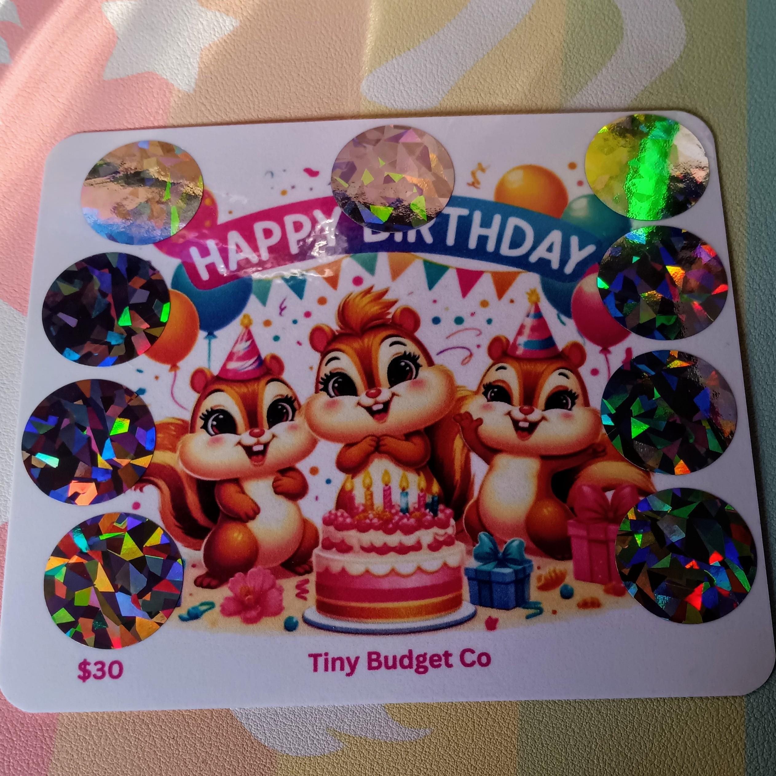 Squirrel Happy Birthday Scratch Off Saving Challenge for Low Income