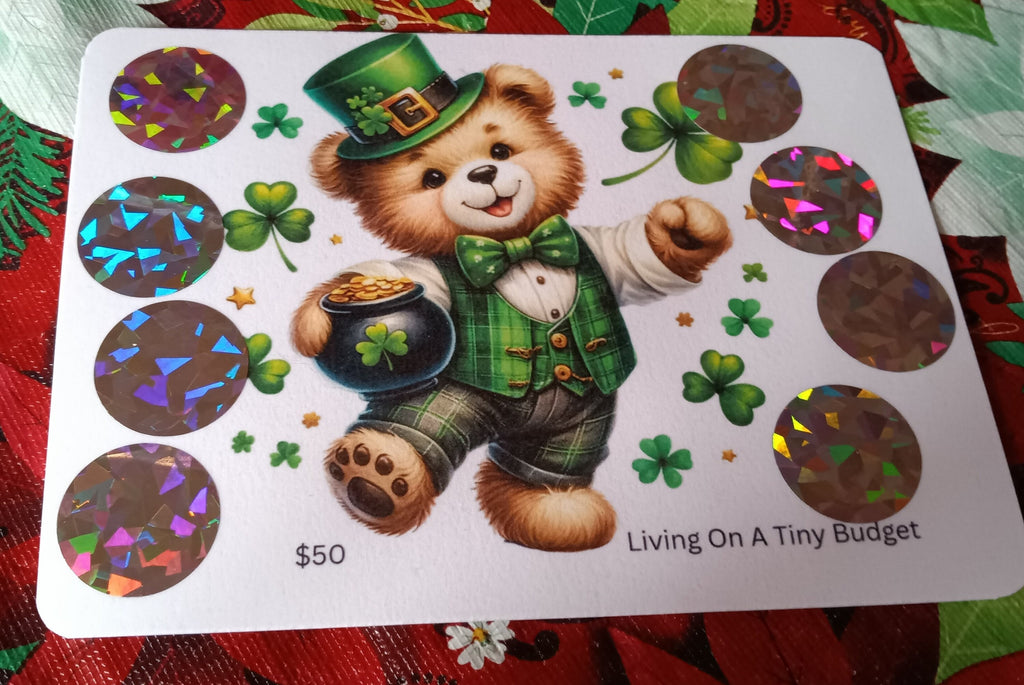 St Patrick's Bear Scratch Off Set of 3 Saving Challenge Low Income, Laminated