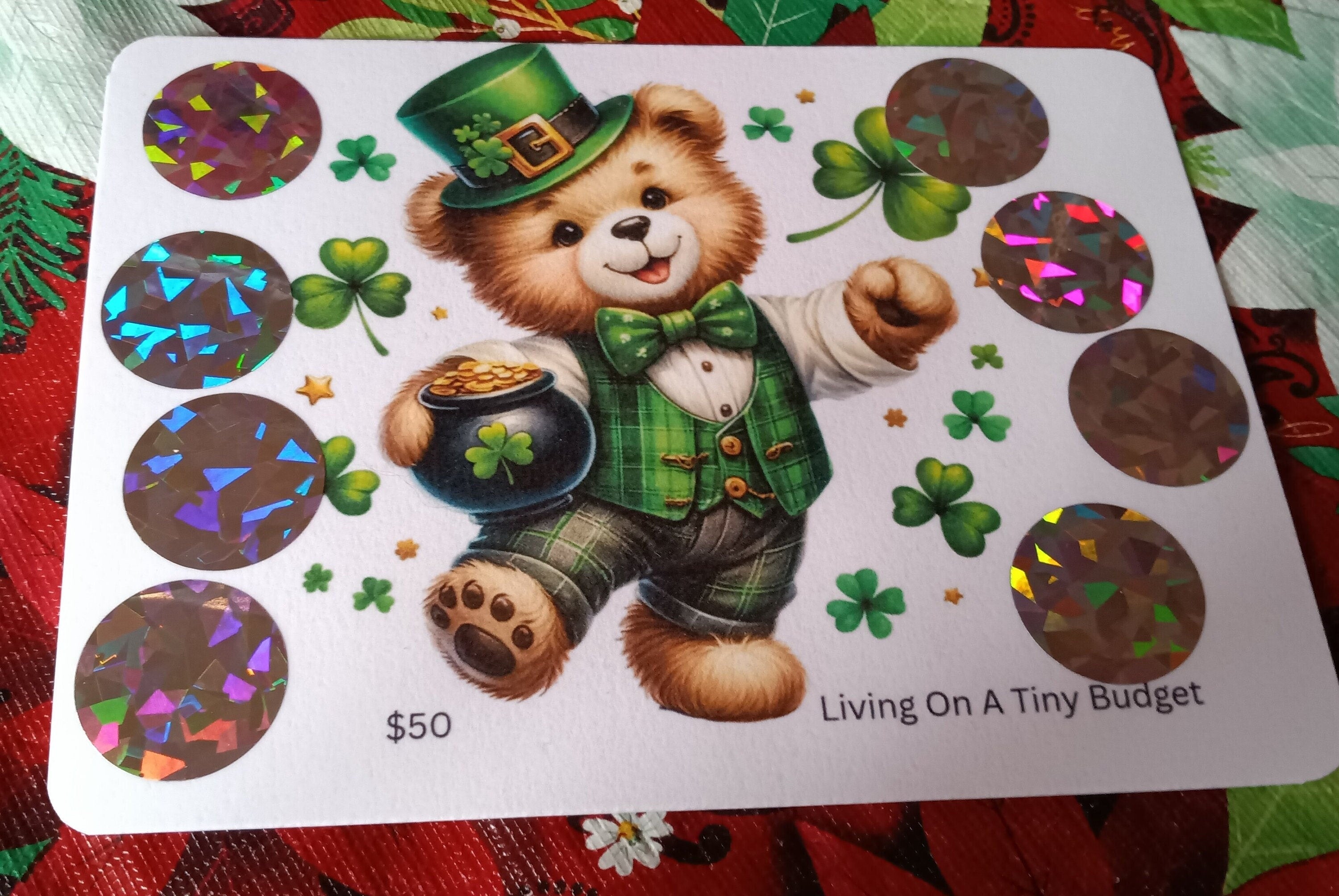 St Patrick's Bear Scratch Off Set of 3 Saving Challenge Low Income, Laminated