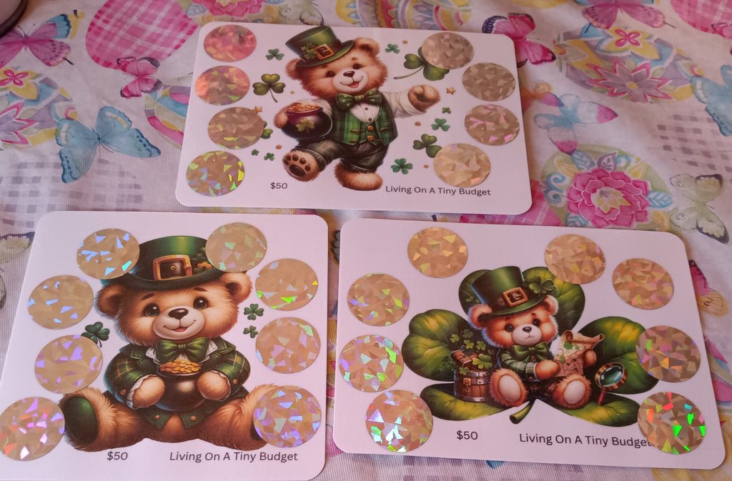 St Patrick's Bear Scratch Off Set of 3 Saving Challenge Low Income, Laminated