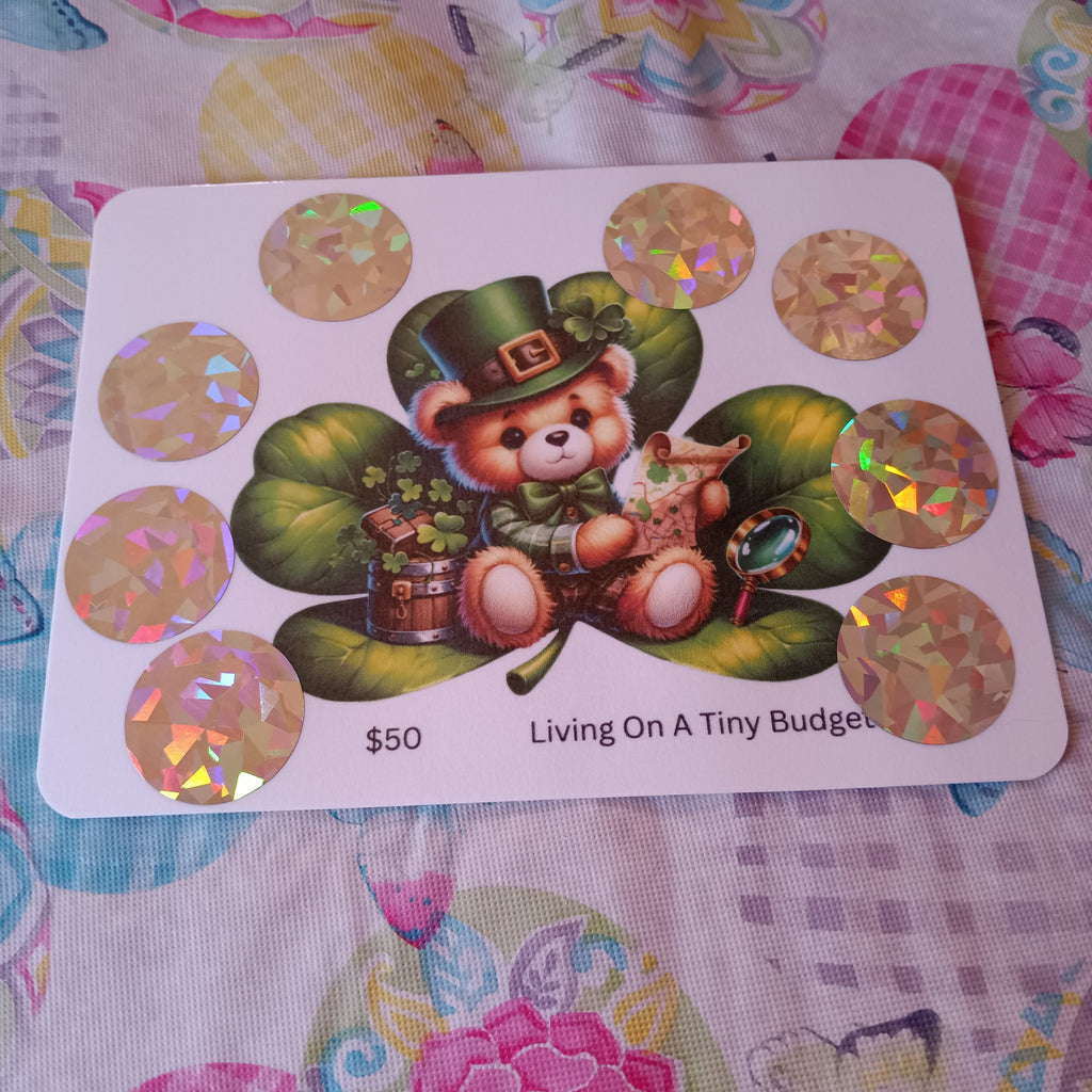 St Patrick's Bear Scratch Off Set of 3 Saving Challenge Low Income, Laminated