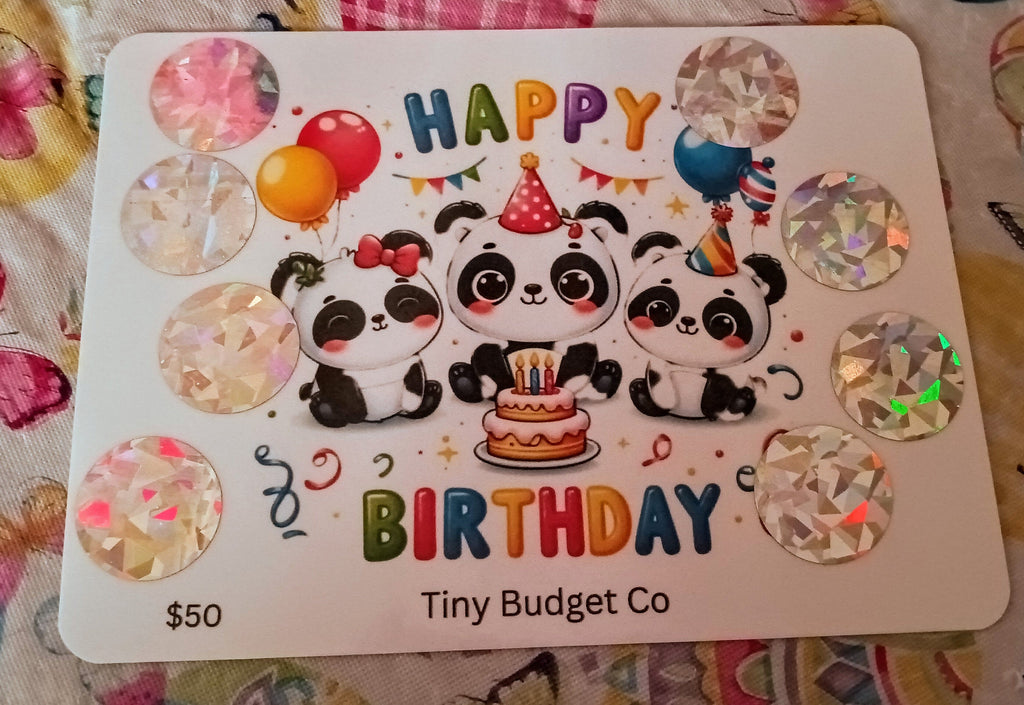 Panda Bear Happy Birthday Scratch Off Saving Challenge for Low Income, Laminated