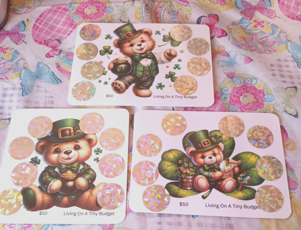 St Patrick's Bear Scratch Off Set of 3 Saving Challenge Low Income, Laminated