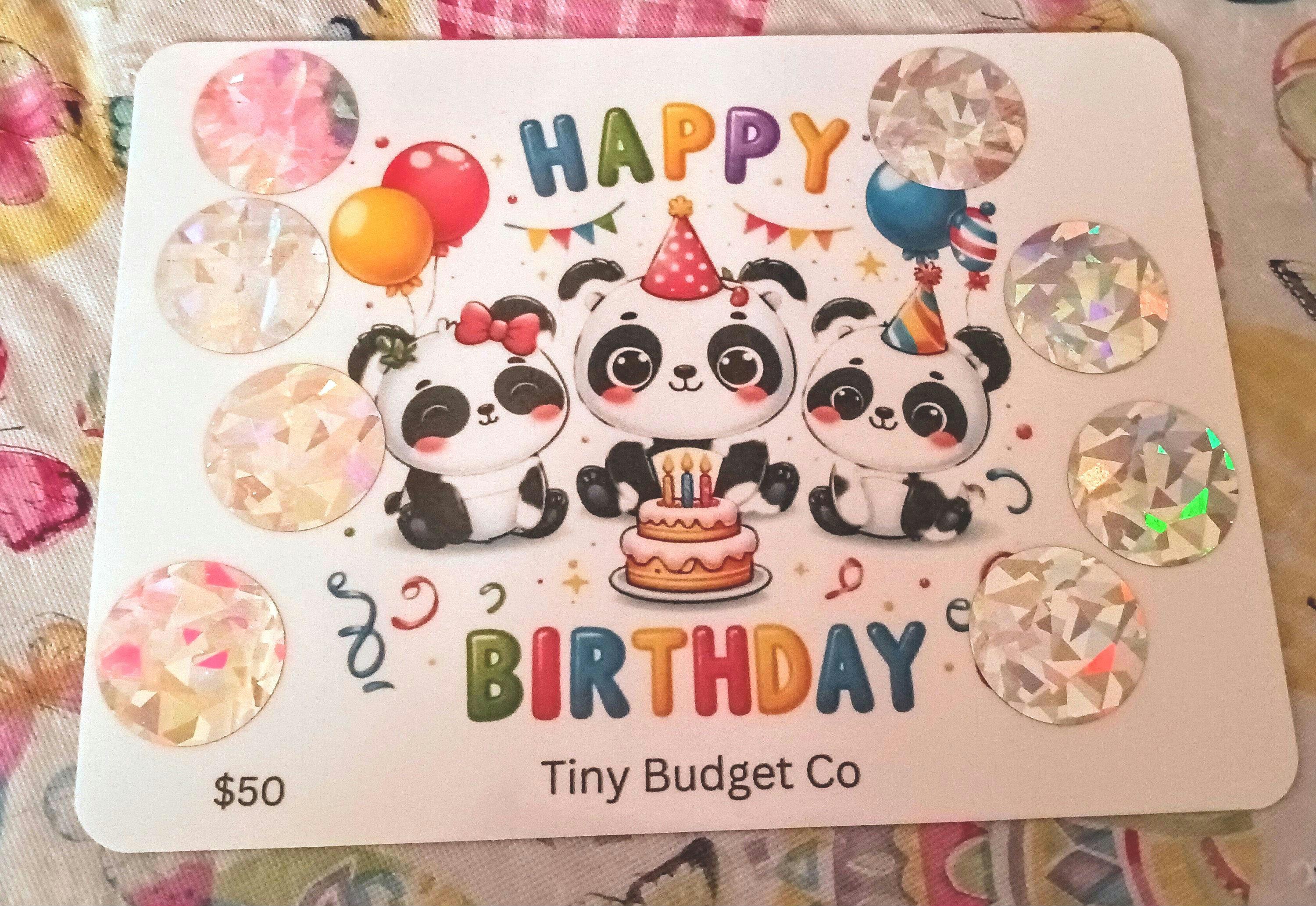 Panda Bear Happy Birthday Scratch Off Saving Challenge for Low Income, Laminated