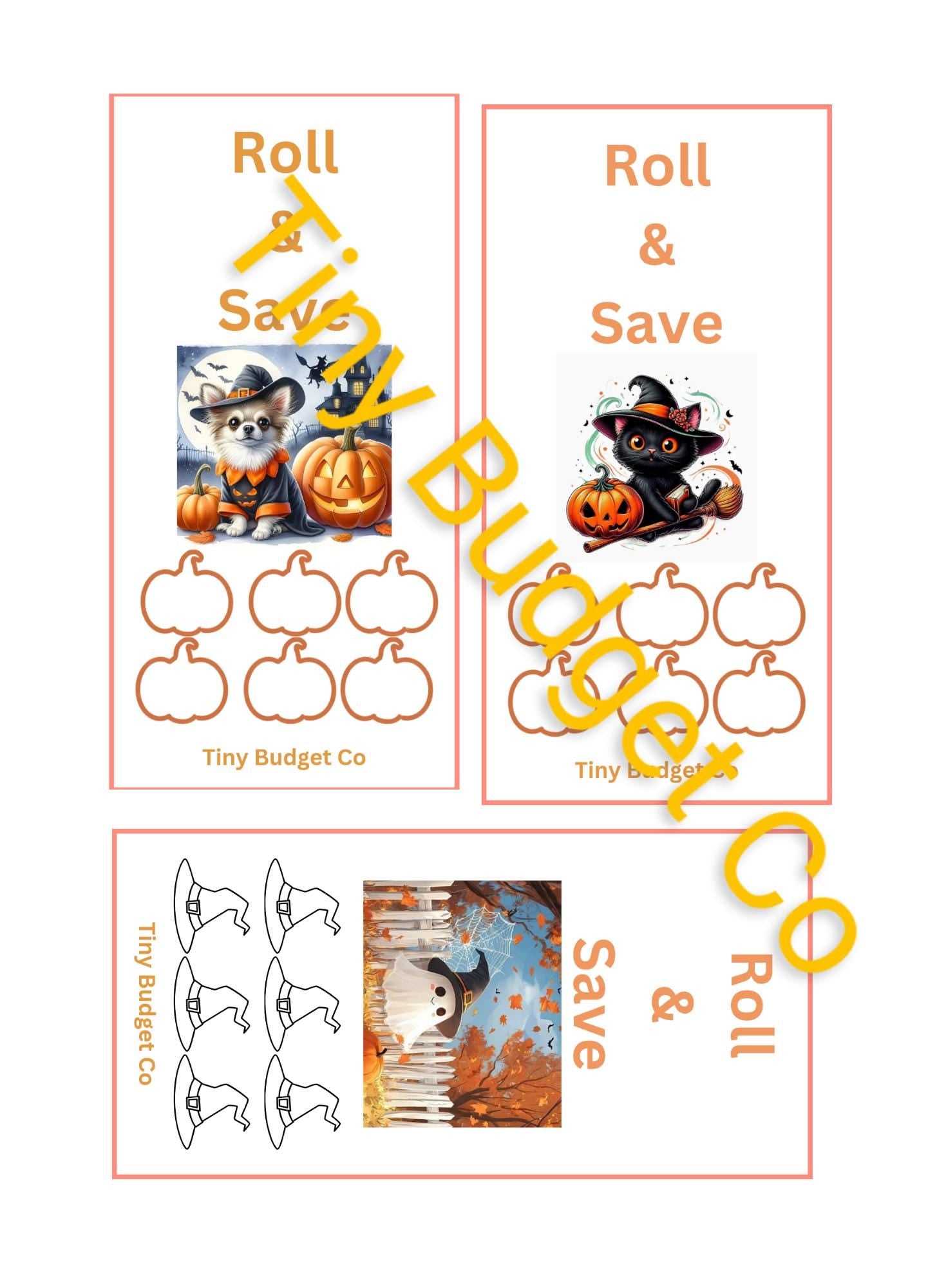 Halloween Savings Challenge: Witch Hat Cat, Dog, Ghost (PNG Digital Download)