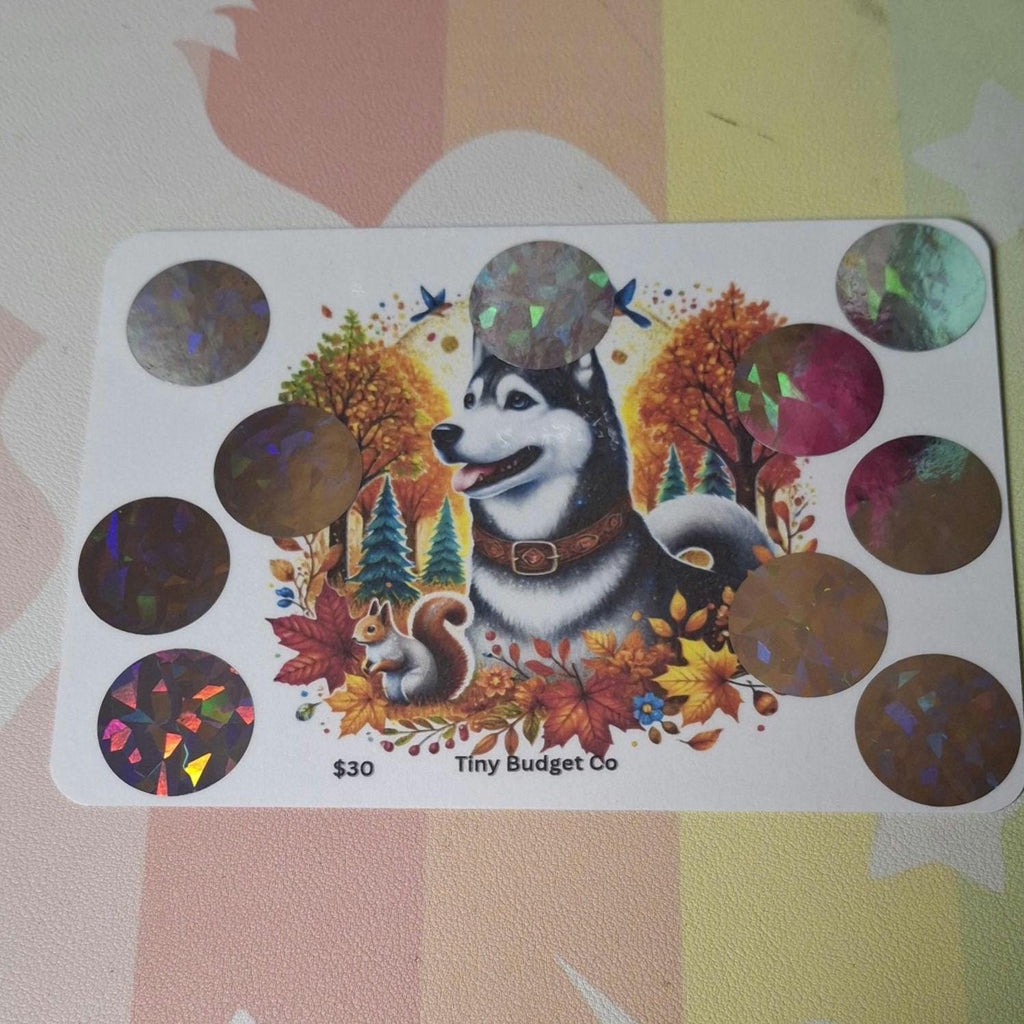 Husky Dog Autumn Scratch-Off Savings Challenge | Budgeting Tool